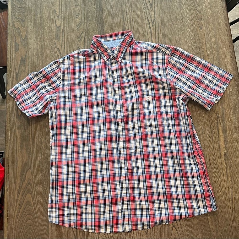 Chaps Easy Care Red White Blue Plaid Short Sleeve Button Up Shirt Size XL